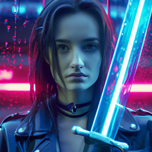 Cyberpunk Woman with Katana in Dystopian City