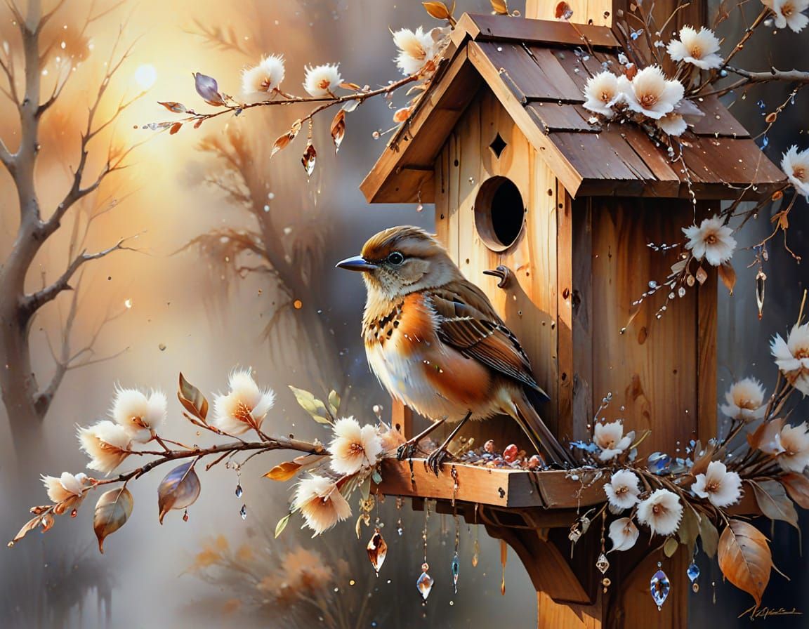 Bird in Birdhouse Watercolor in Renaissance Style