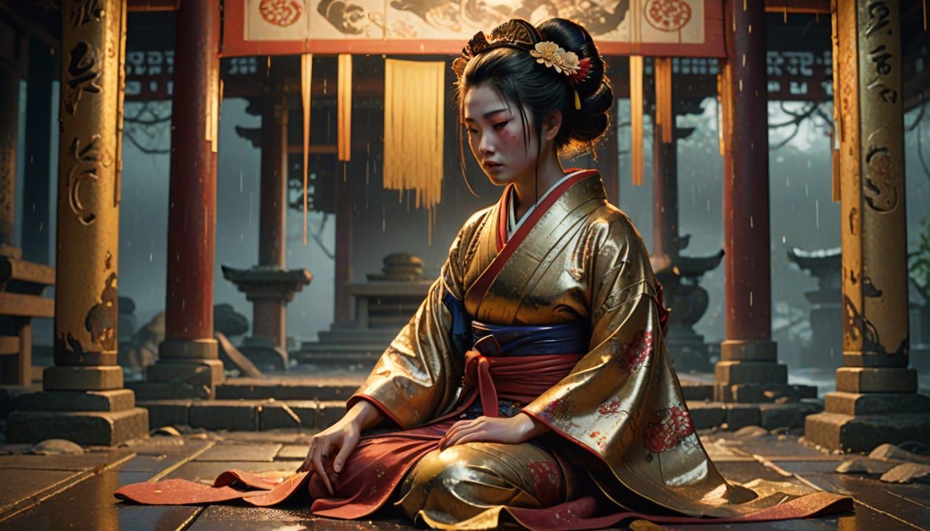 Geisha Kneeling in Ruined Temple in Art Nouveau Style