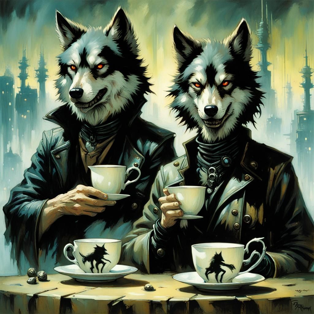 Cyberpunk Horror Teacups with Wolves