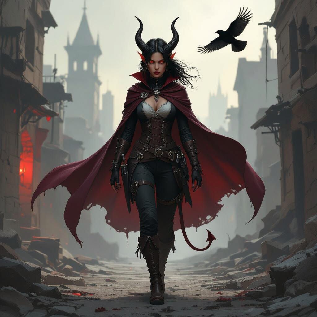Infernal Tiefling Rogue in Abandoned City