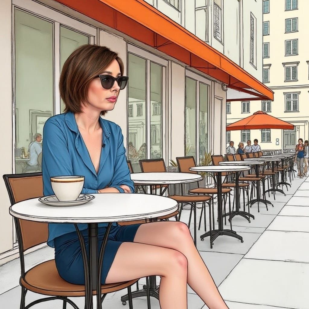 Stylish Woman Sipping Coffee in Hockney-Gruau Style
