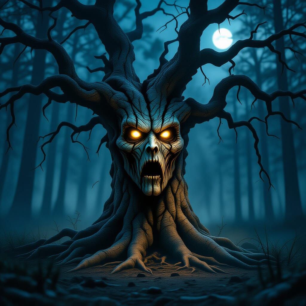 Haunted Tree with Humanoid Face in Dark Forest