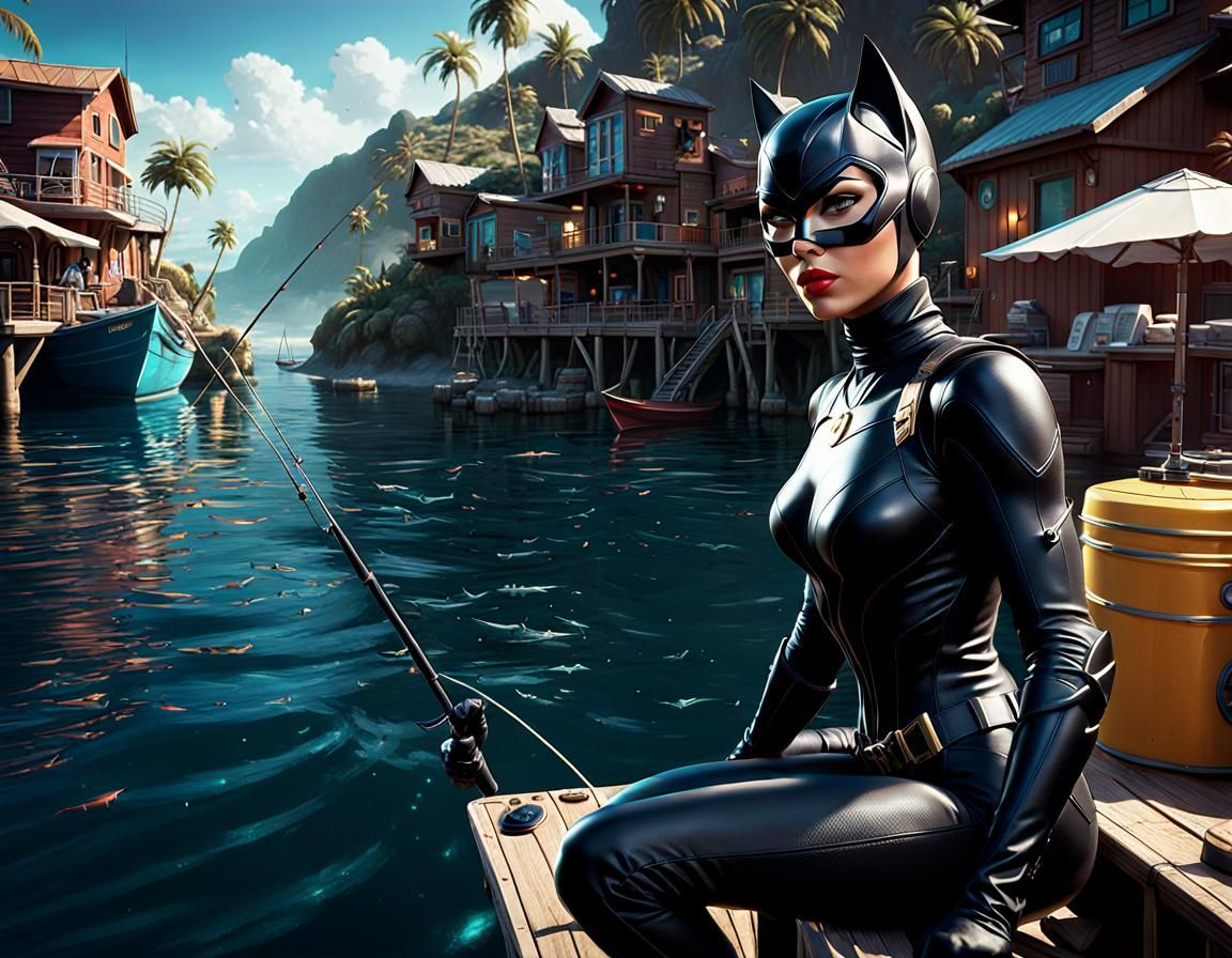 Catwoman's Fishing Vacation in Photorealistic Style