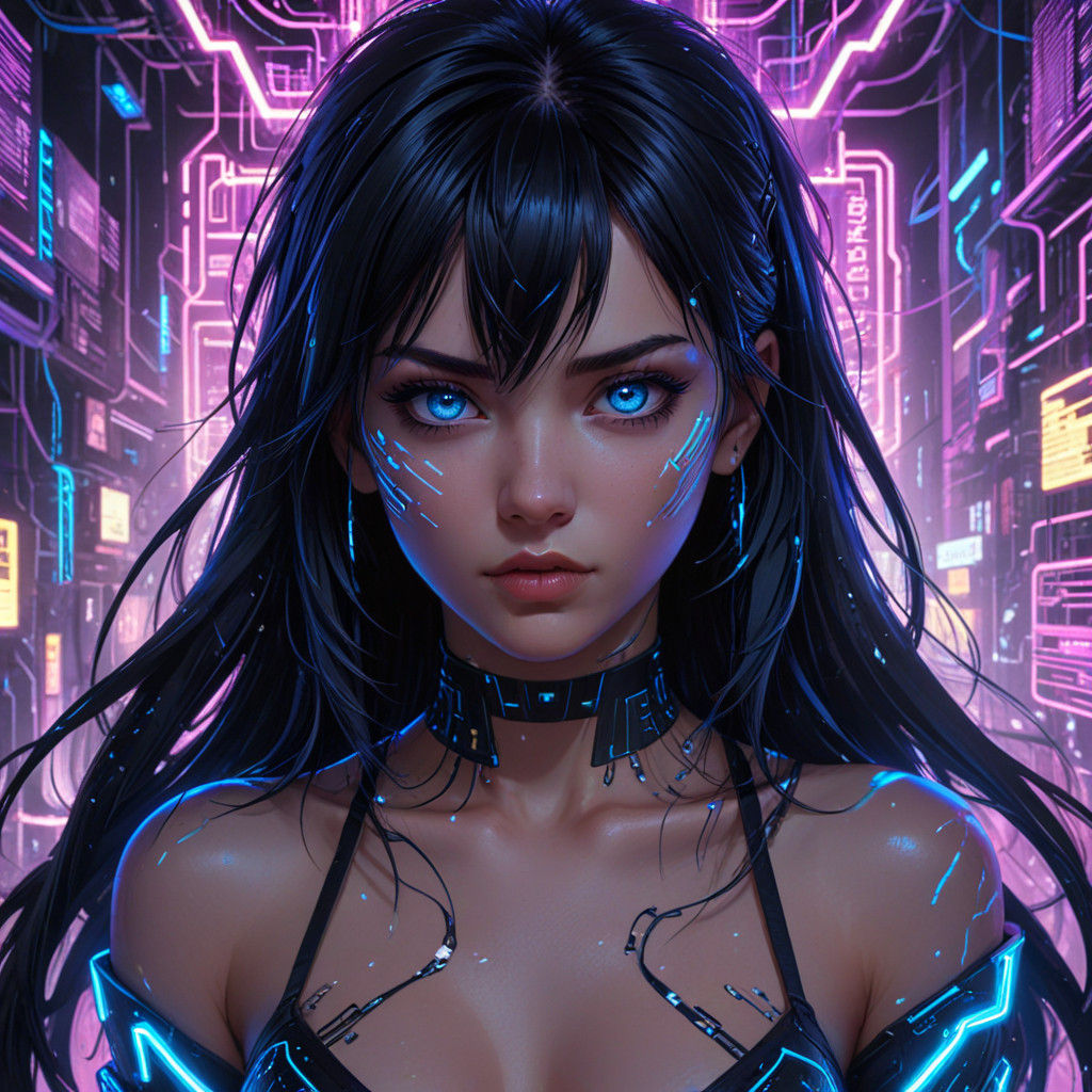 Glowing Anime Girl in Neon Cyberpunk Landscape