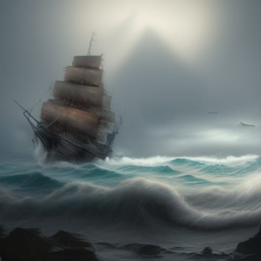 Ghost Ship on Black Waves: Cinematic Digital Painting