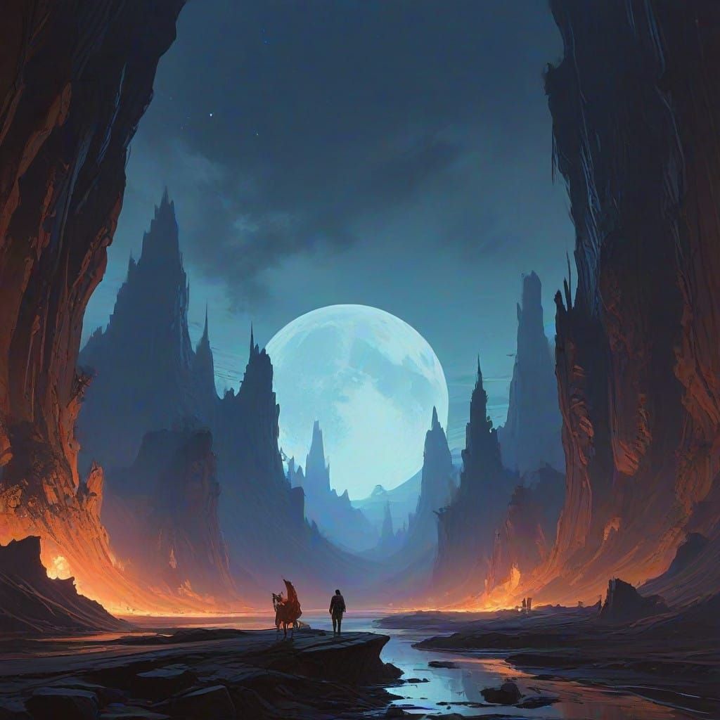 Surreal Dreamer Stands Amidst Double Moons and Glittering Dr...