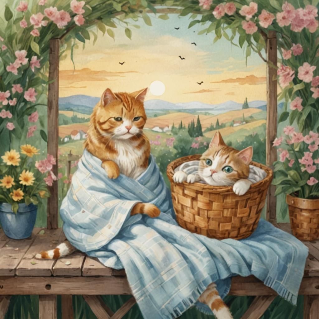 Whimsical Cats in Basket Illustration
