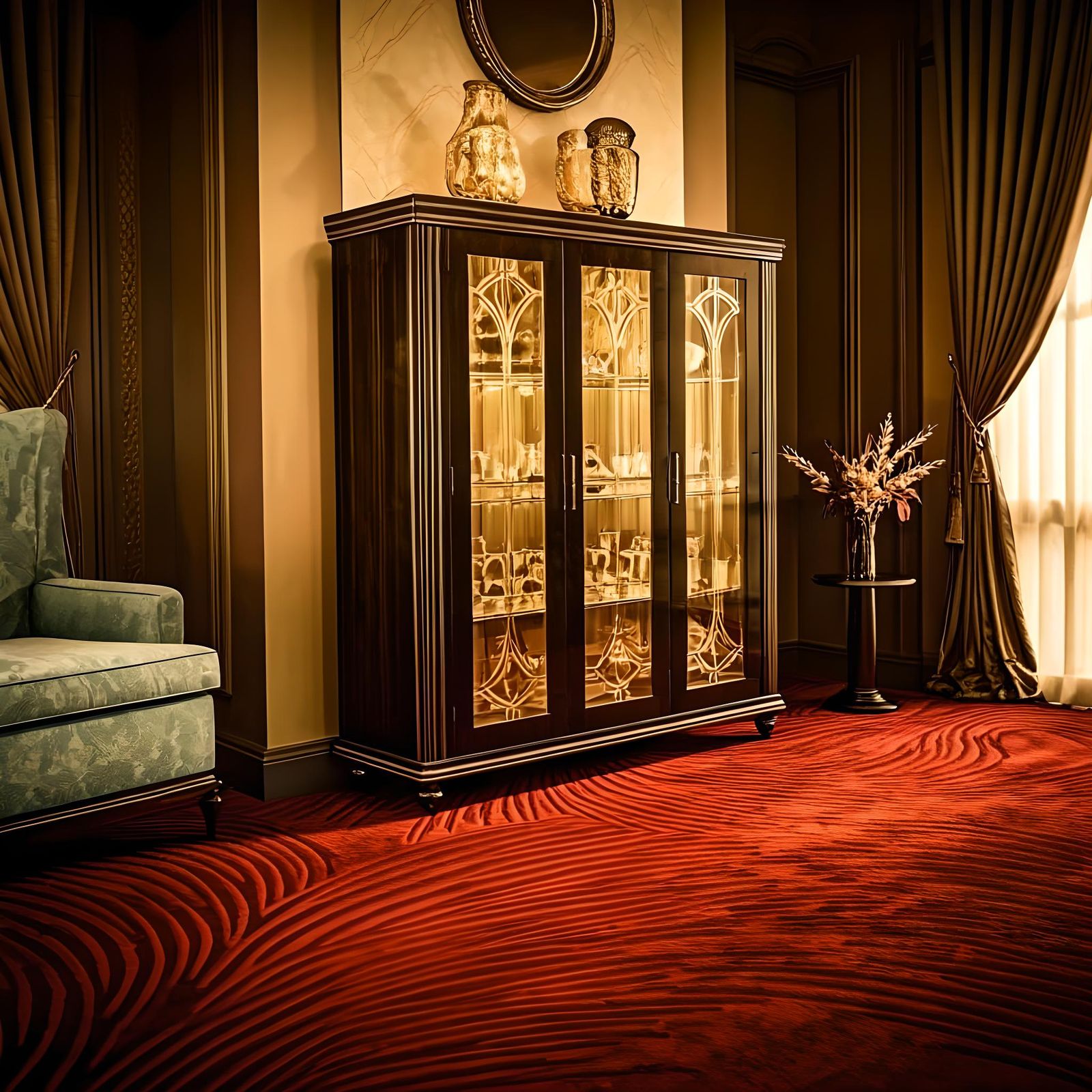 An art deco living room with a glass cabinet and a red carpet