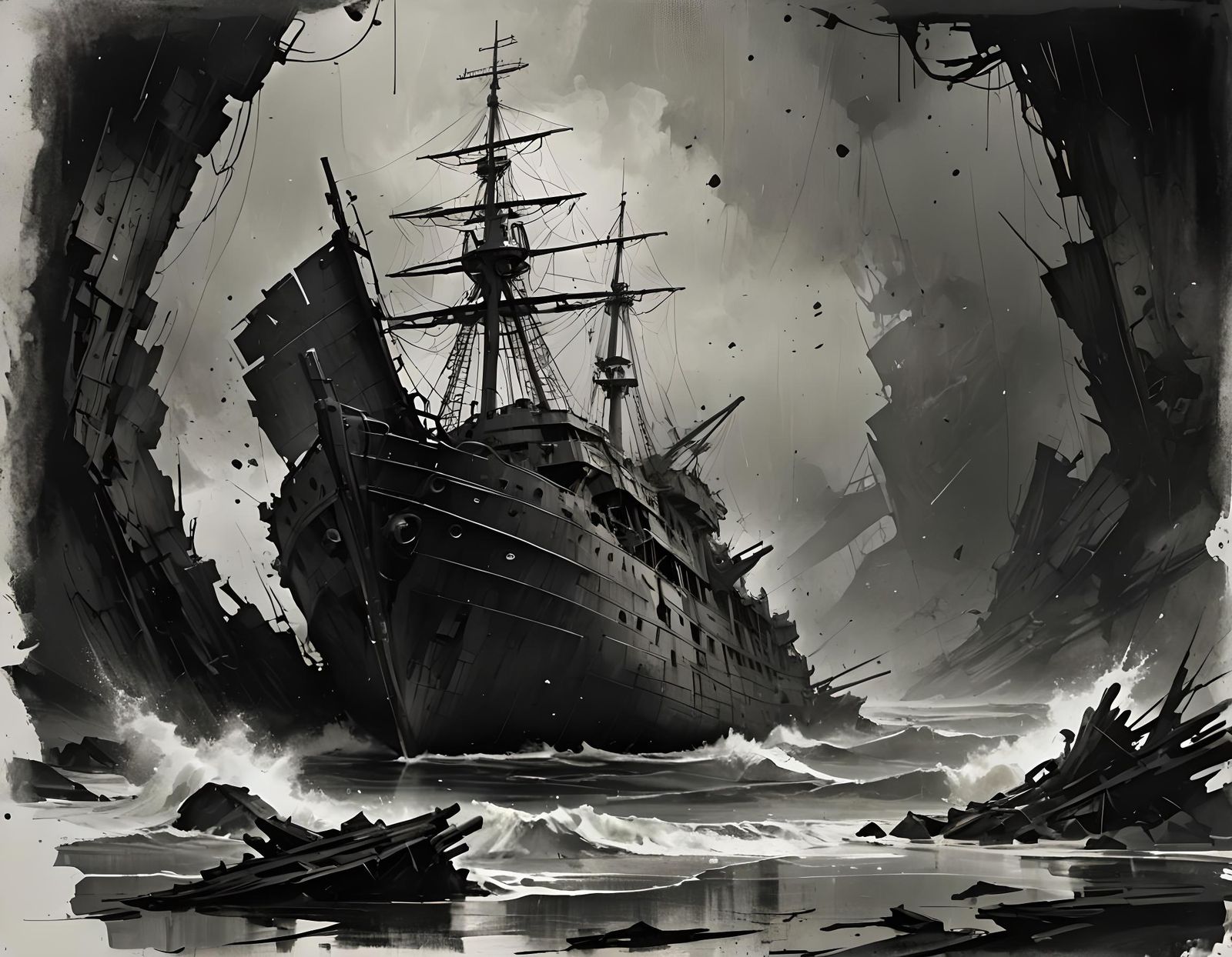Eerie Shipwreck in Dark Fantasy Style