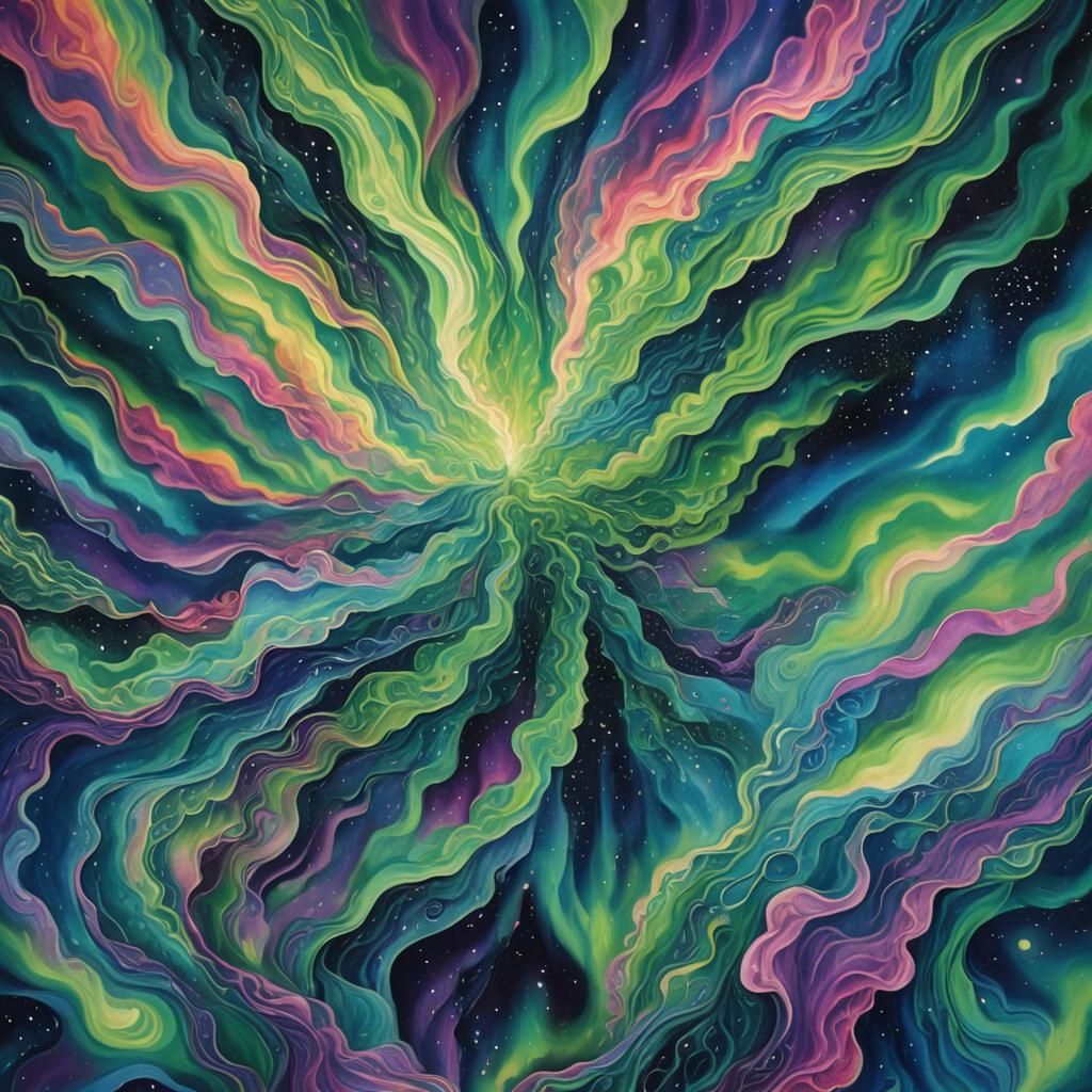 Shimmering Aurora Borealis in Surrealist Cosmic Illustration