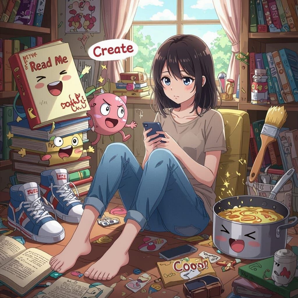 Anthropomorphic Objects Tempt Teenager in Anime Style