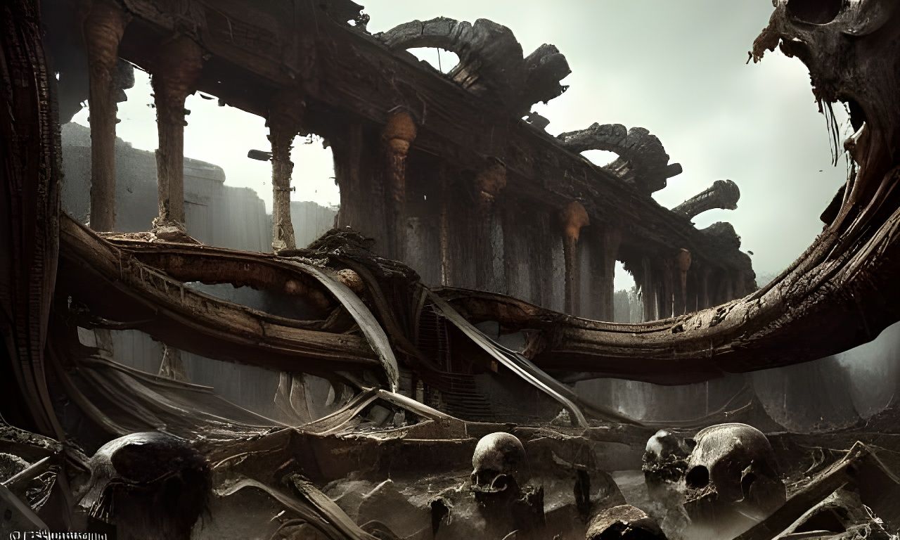 Exotic Alien Ruins and Skeletons in Hyperrealistic Style