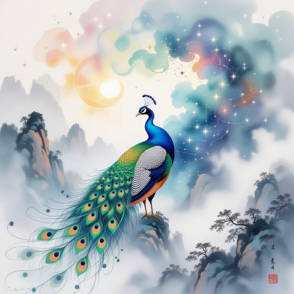Peacock Dissolving into Nebula Ink in Chinese Watercolor Sty...