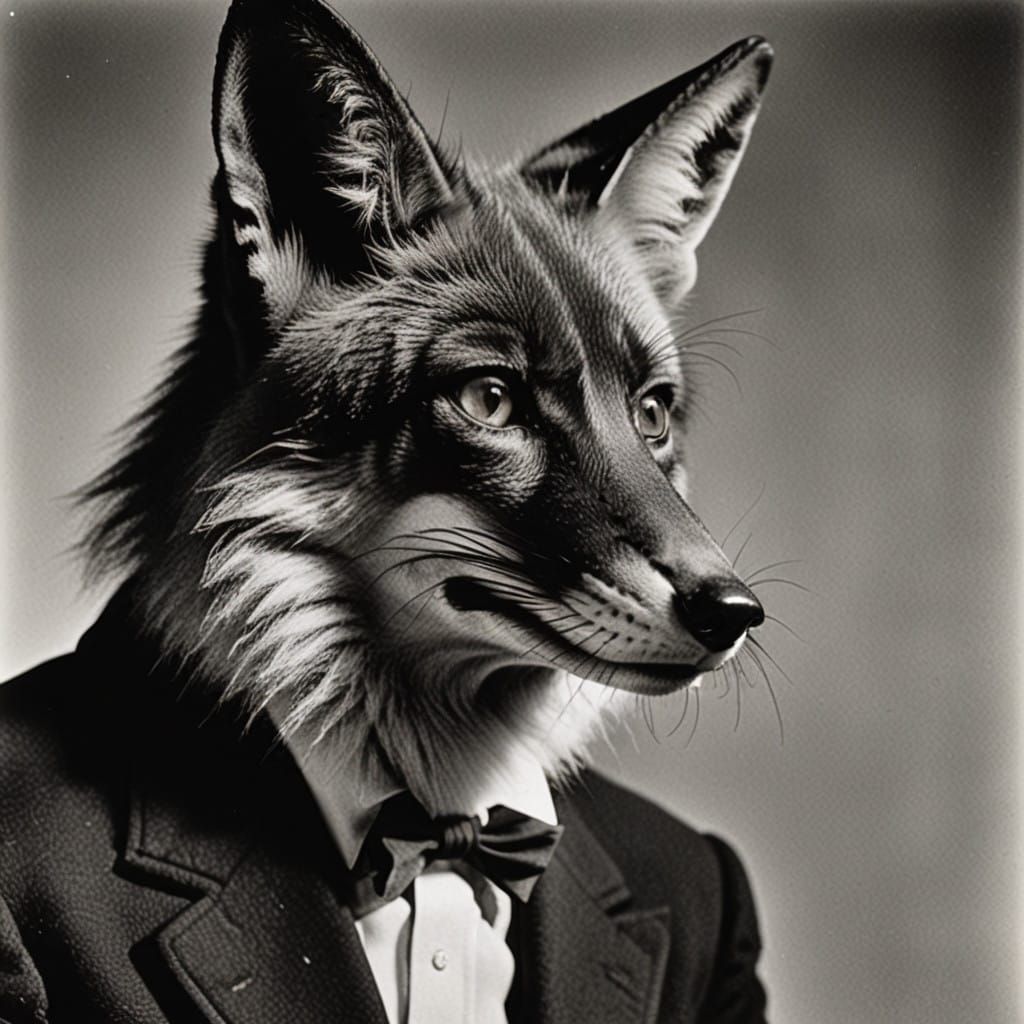 Surrealist Fox in Dali-Inspired Black and White Portrait