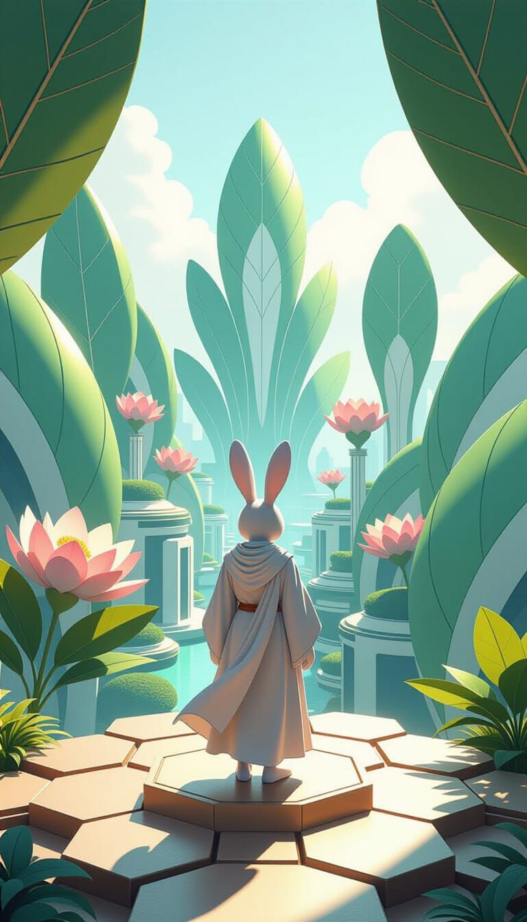 Solarpunk Cityscape with Anthropomorphic Rabbit