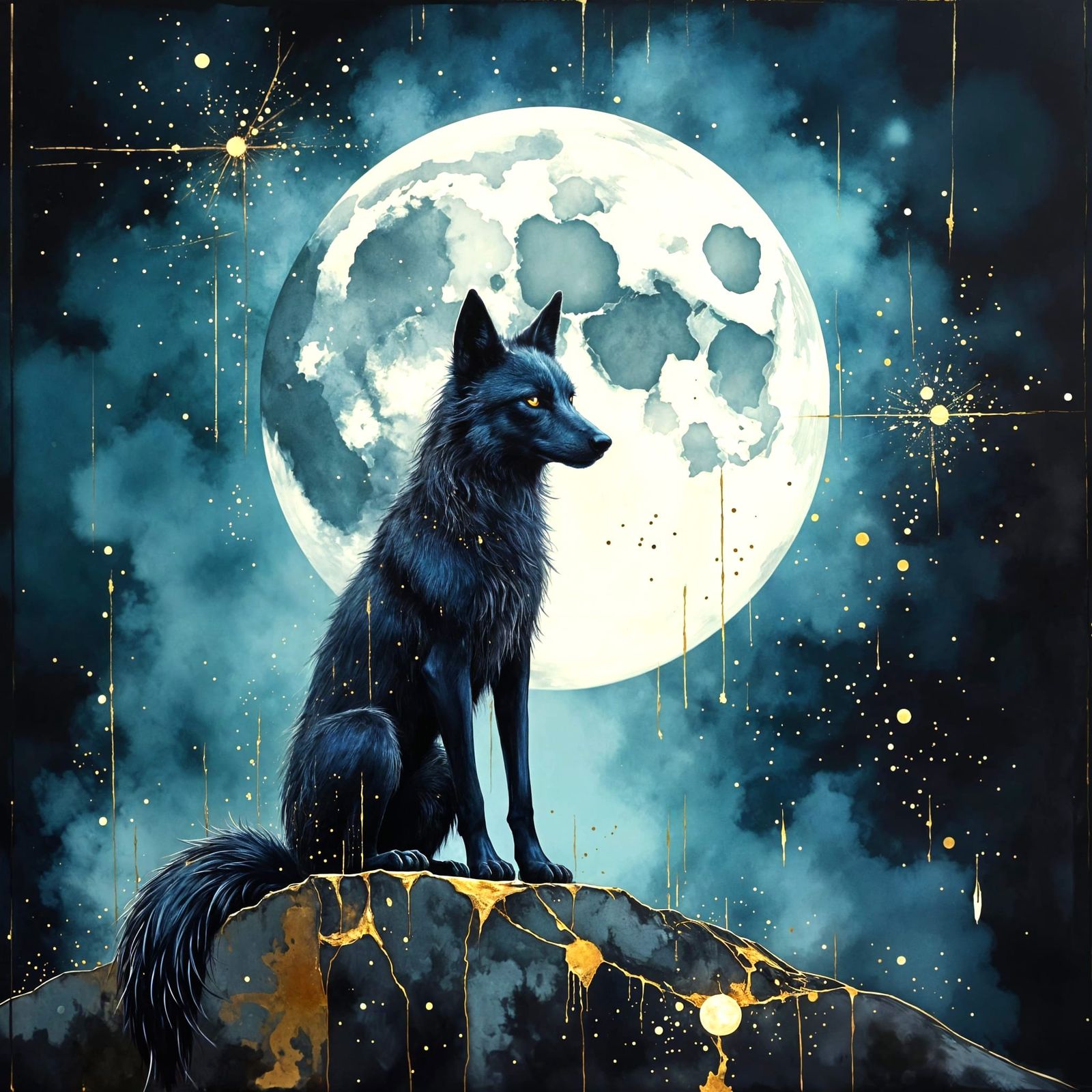 Ghostly Wolf Under Moon in Messy Artistic Style