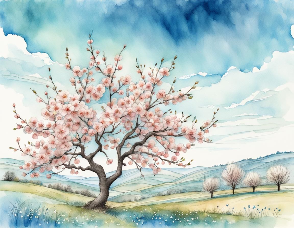 Dreamy Cherry Tree Pen and Ink Illustration