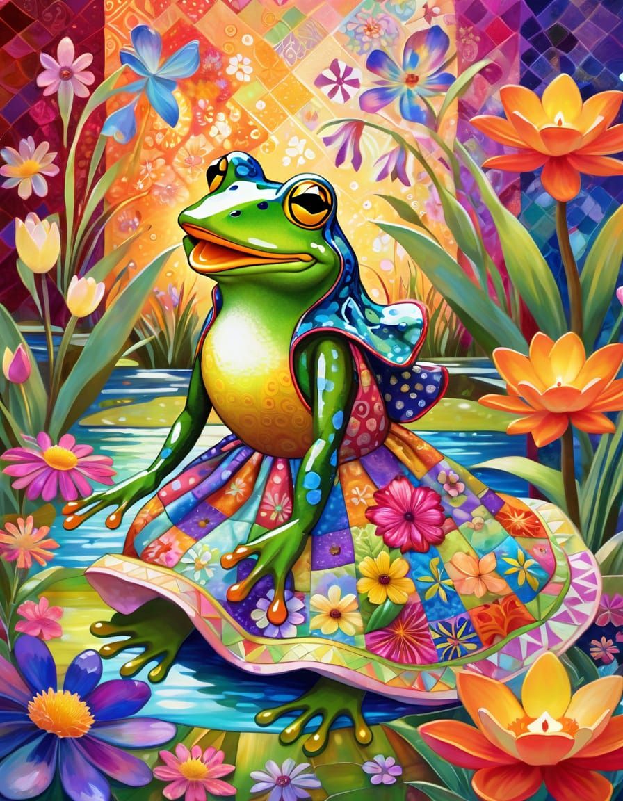 Iridescent Frog in Floral Dress with Duck Companion
