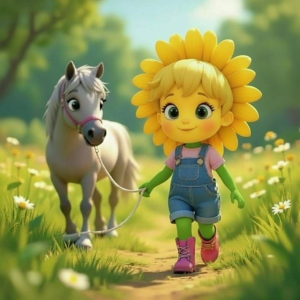Cartoon Daisy Child with Horse in Country Field