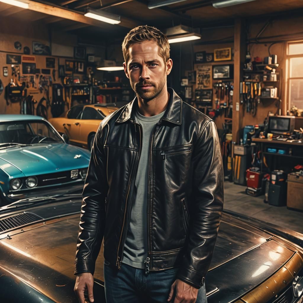 Paul Walker in Garage: Neon Cinematic Digital Art