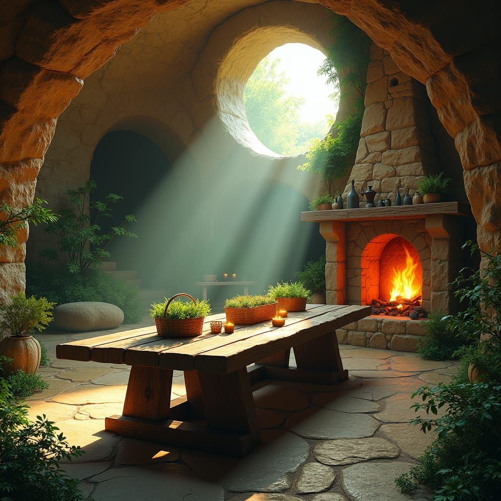 Cozy Cave Home Interior in Fantasy Concept Art Style