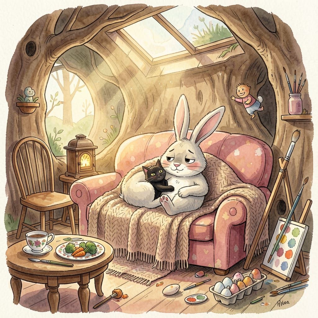 Exhausted Easter Bunny Rests with Cat in Cozy Treehouse