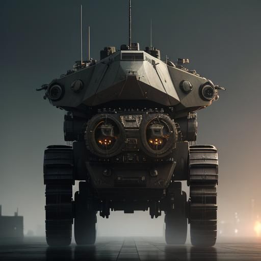 Futuristic Mobile Suite with Tank Treads in Fog