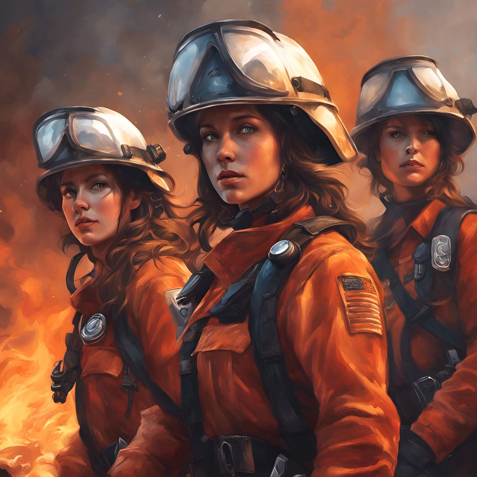 Female fire fighters rescuing people, by Lord Elboron