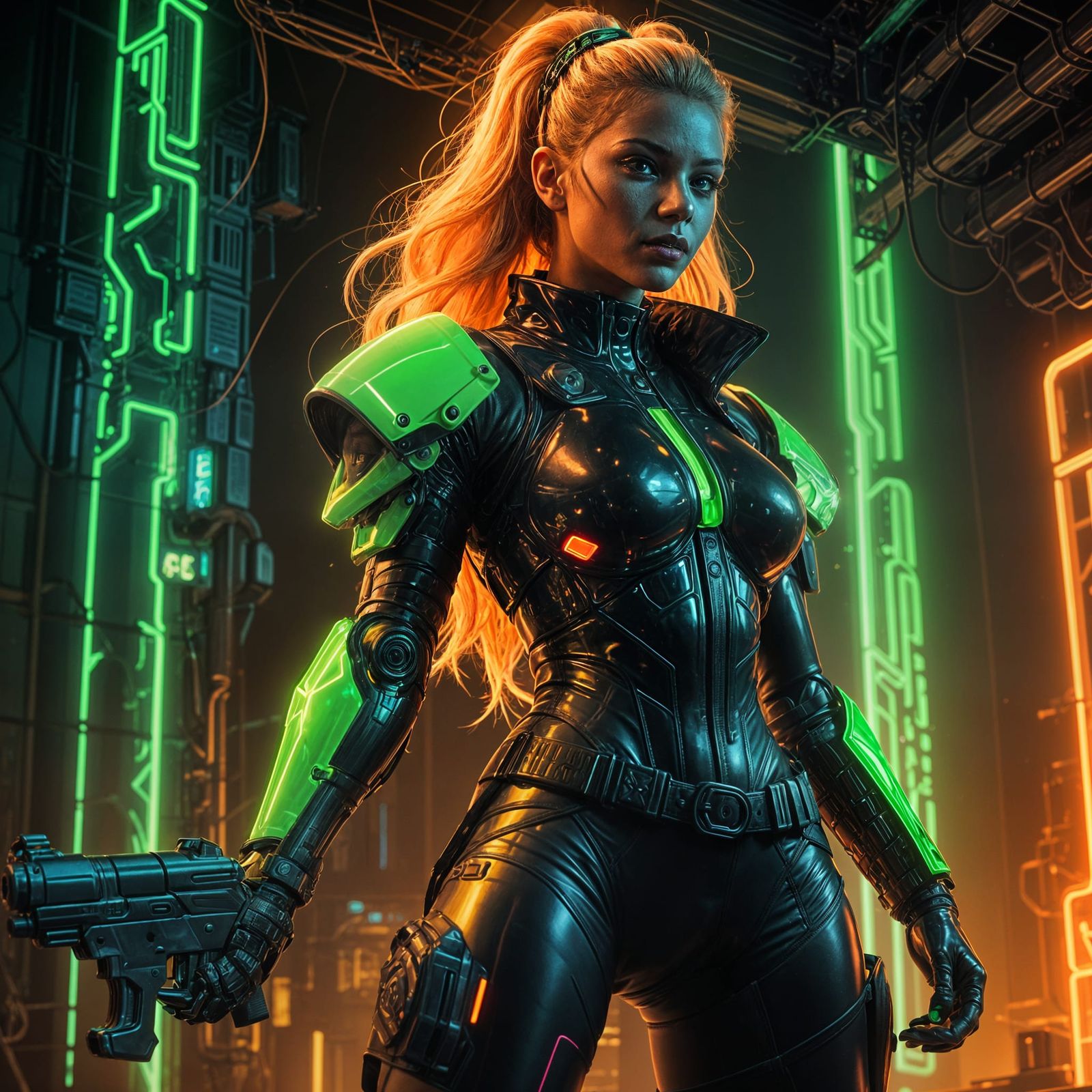 Cyberpunk Warrior with Neon Energy Pistols