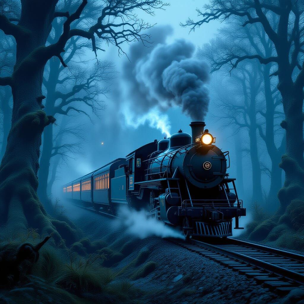 Spectral Obsidian Train in Misty Ethereal Forest