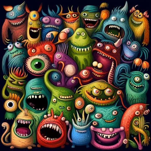 Happy Colorful Monsters in Classroom, Detailed Matte Paintin...