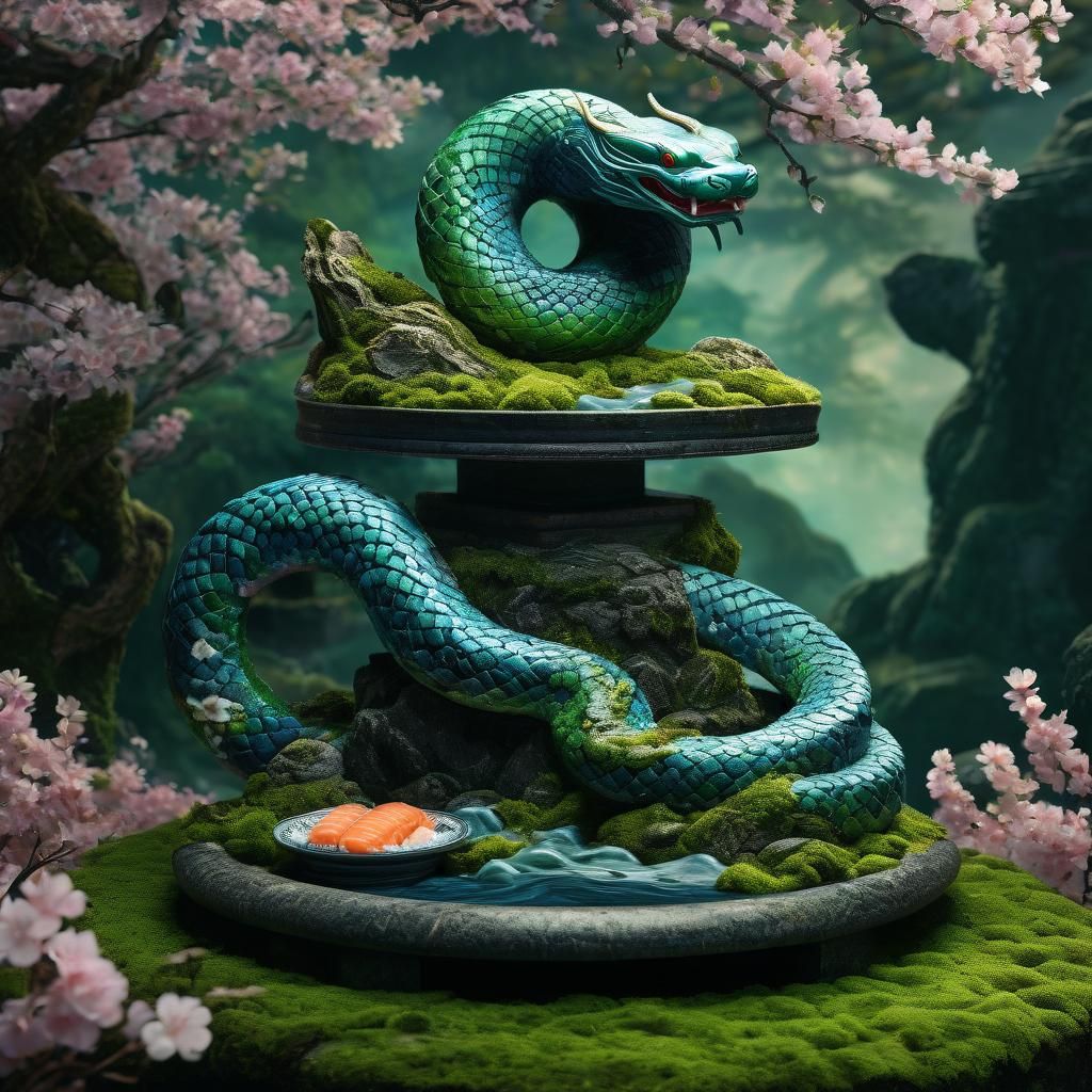 Sushi Serpent Coiled on Stone Pedestal