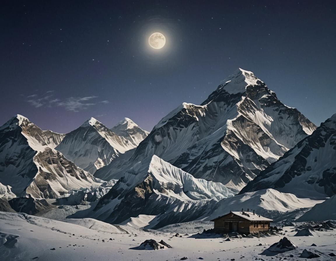 Moonlit Everest in Watercolor Style