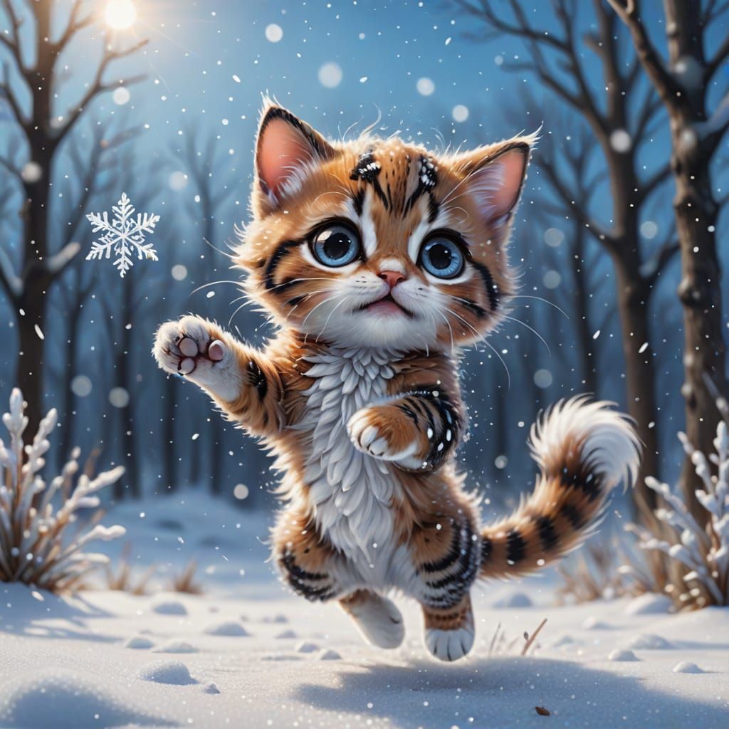 Baby Cat Chasing Snowflake in Winter Wonderland