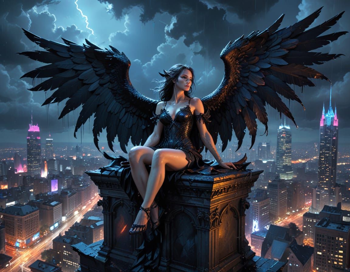 Fallen Angel on Gargoyle in Neon City
