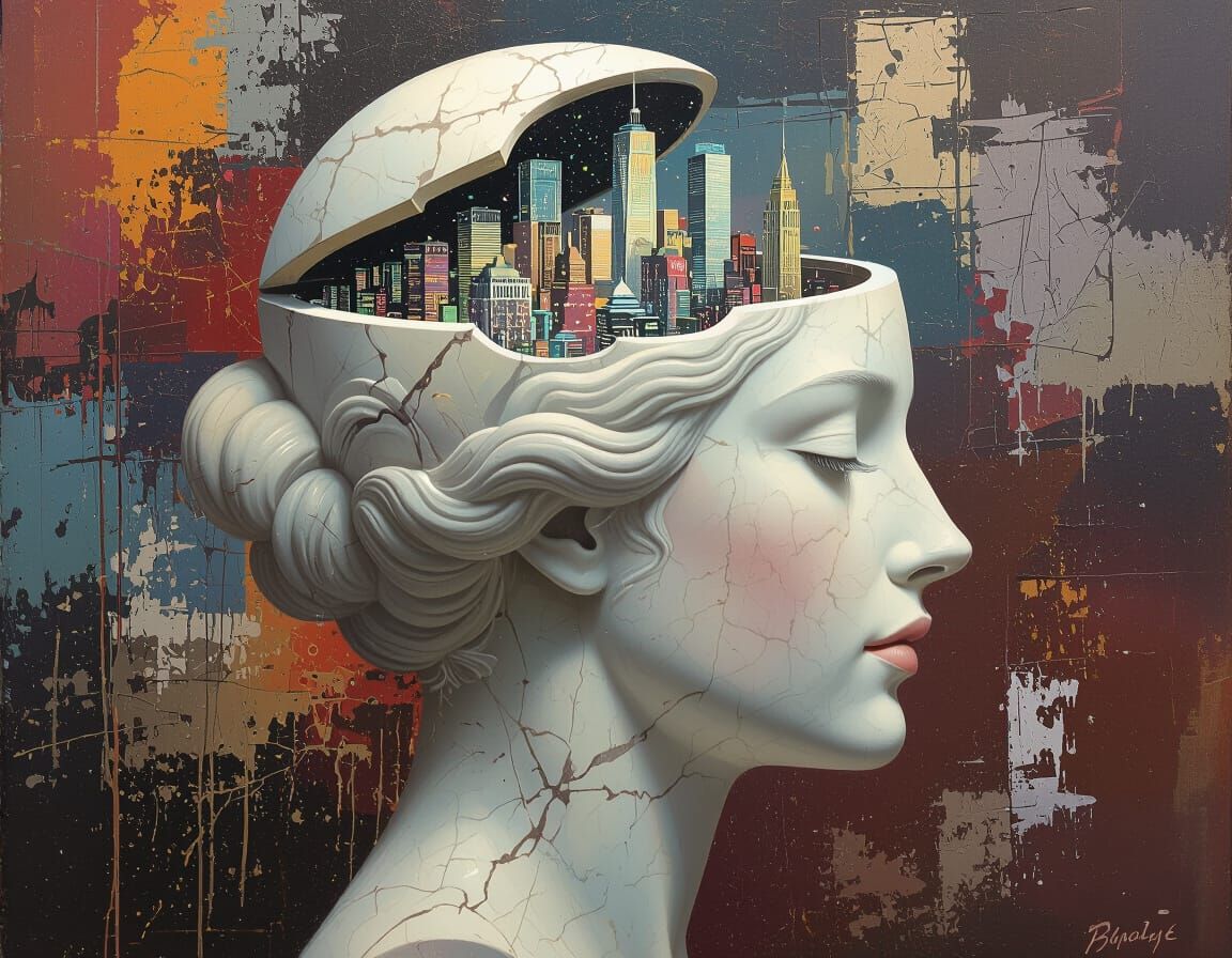 Surreal Marble Woman with Cityscape, Basquiat Style