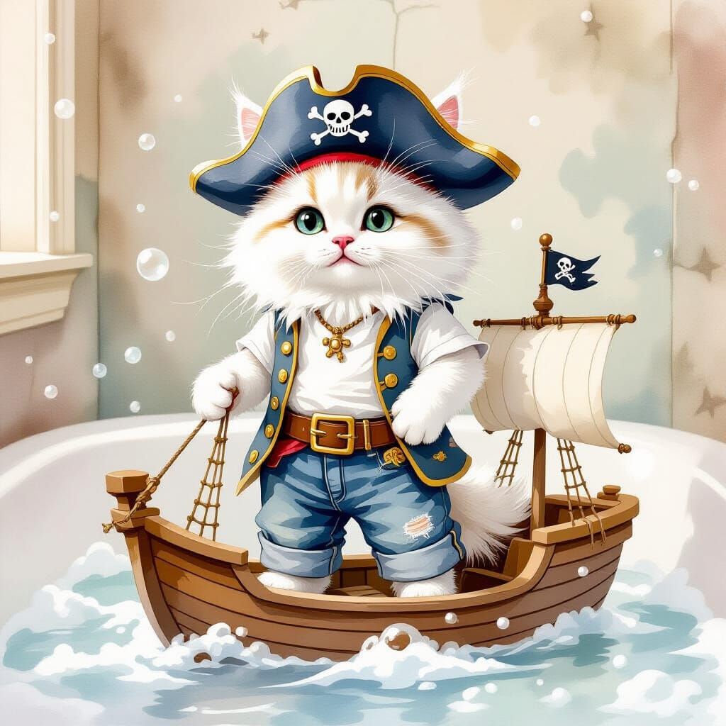White Cat Pirate on Ship, Watercolor Style