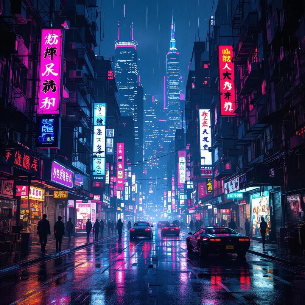 Cyberpunk Kowloon Street Scene at Night