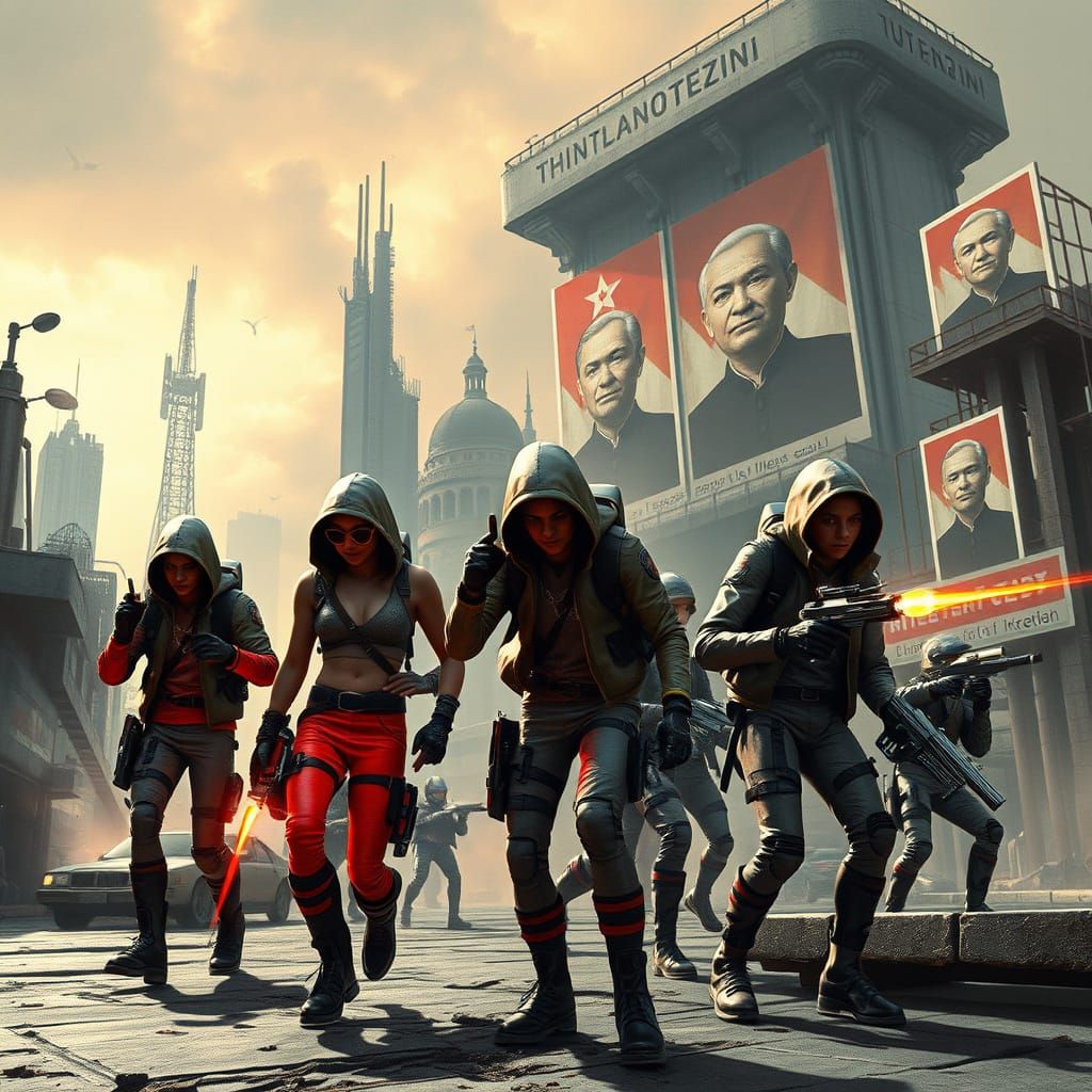 Dystopian Cityscape: Gangs and Authoritarian Propaganda