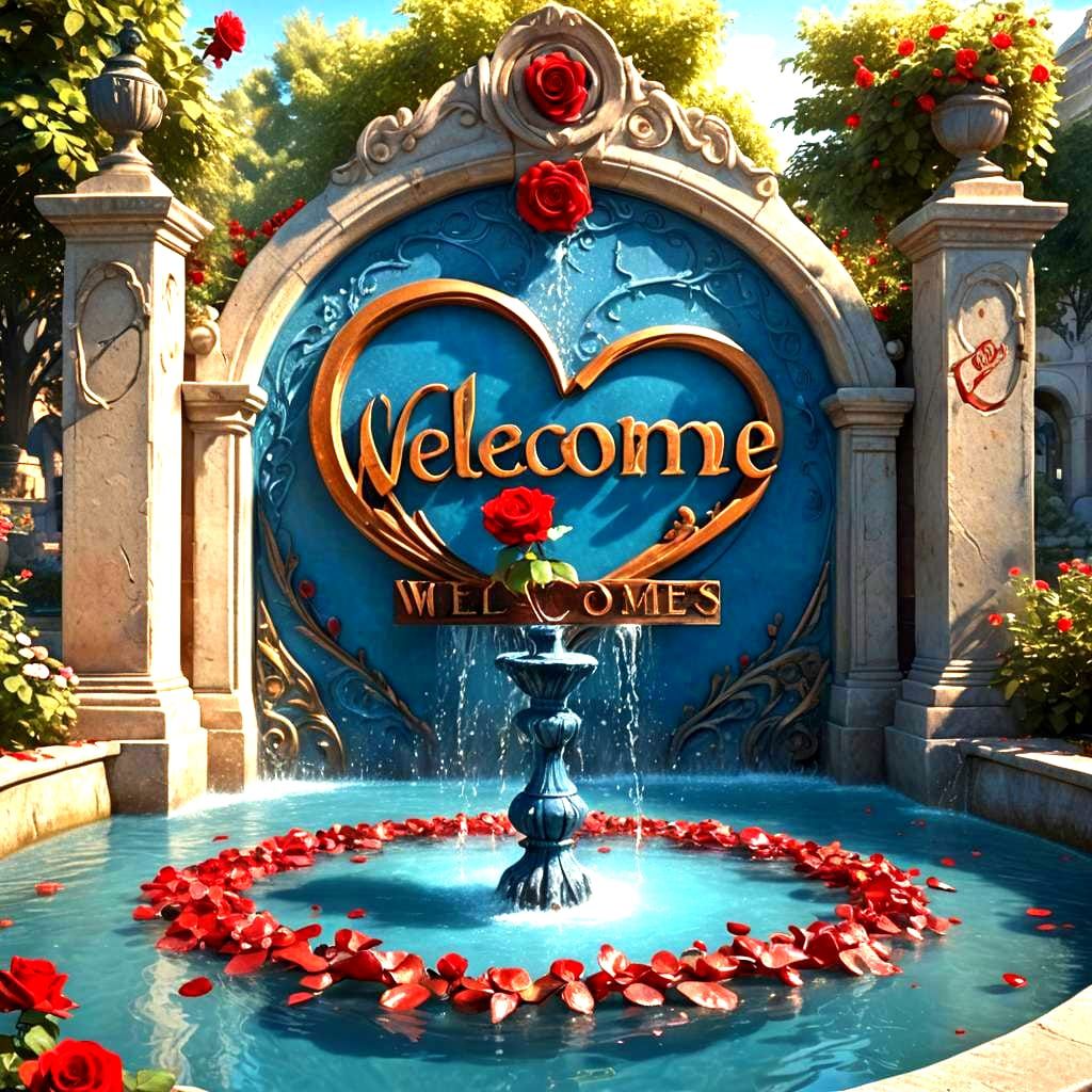 Rose Heart Smiley in Blue Water Fountain