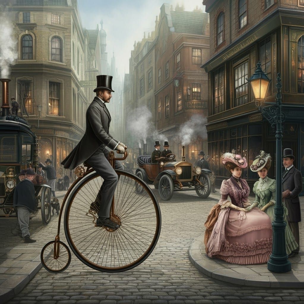 Lively Victorian City Street with Steampunk Vehicles