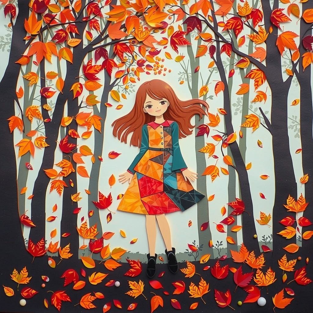 Cute Autumn Girl in Geometric Paper Collage