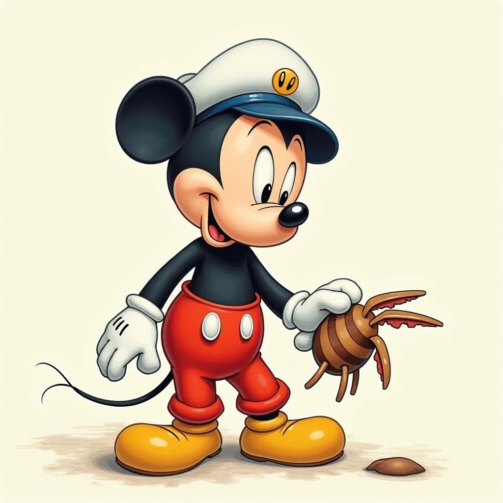 Mickey Mouse Eating a Hazelnut in Cartoon Style