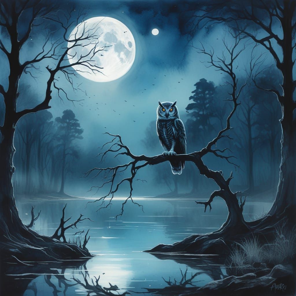 Spectral Owl Over Moonlit Lake in Dark Fantasy Style