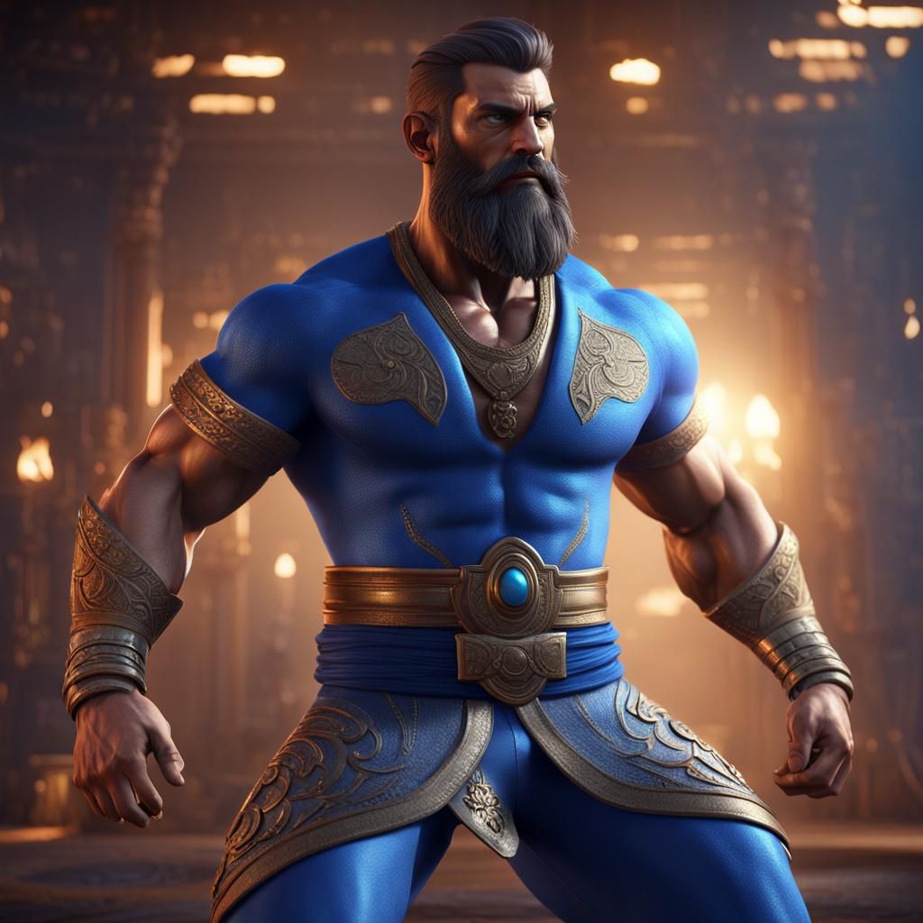 Muscled Genie in Lycra: 3D Game Cinematic Render