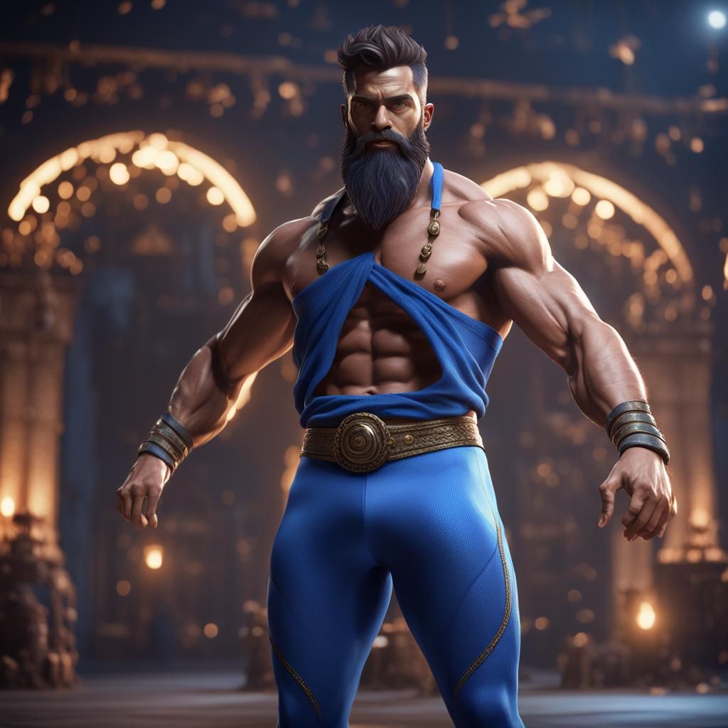 Muscled Genie in Lycra Pants: 3D Cinematic Render