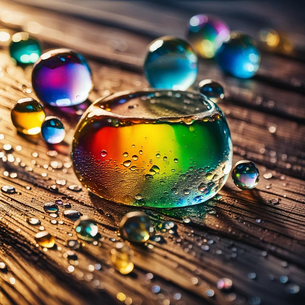 Rainbow Water Droplets in Shattered Glass