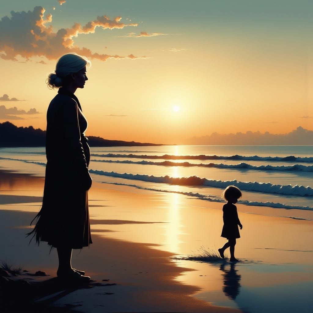 Sunset Reflections: Woman, Youthful Silhouette, Child