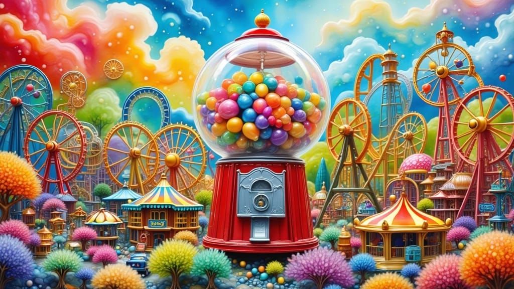 Gumball Machine Miniature Amusement Park in Watercolor Style